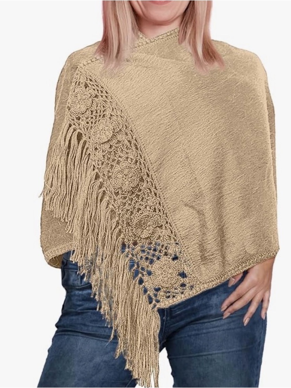 Camargo Alpaca Tawny Shawl with Crochet Floral/Fringe Border. Made in Peru.